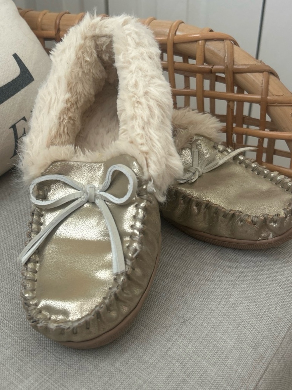 J. Crew Gold Metallic Faux-Fur Lined Moccasin Slippers